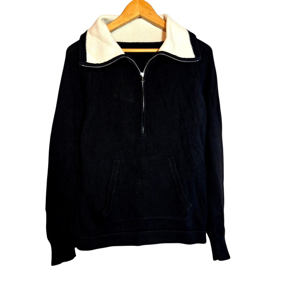 Vintage Lauren Ralph Lauren Womens 1/4 Zip Sweater Black/Cream LG Front Pocket S